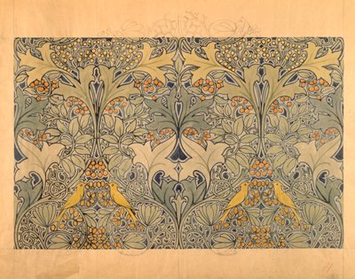 Diseño textil con pájaros, bayas y follaje de Charles Francis Annesley Voysey